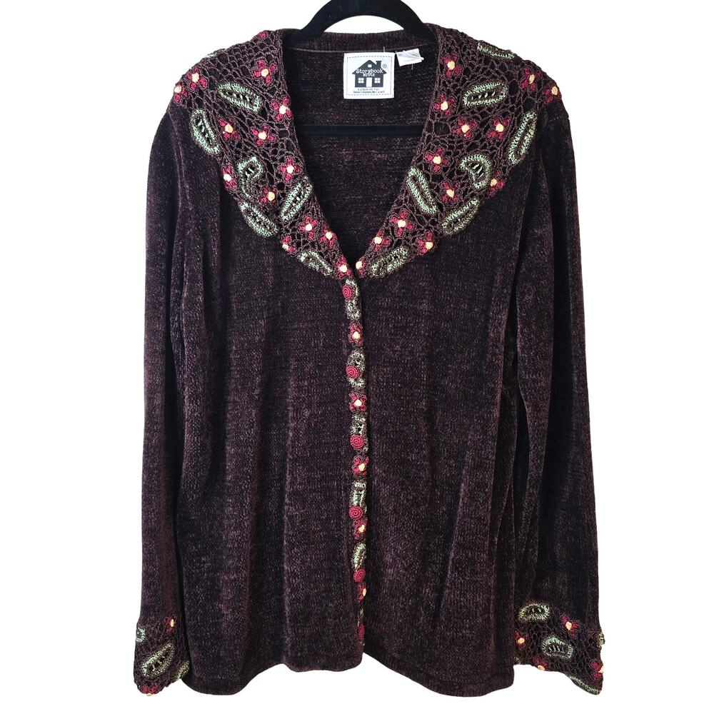 Storybook Knits Sweater Women's 1X Brown Chenille Green Red Floral Crochet